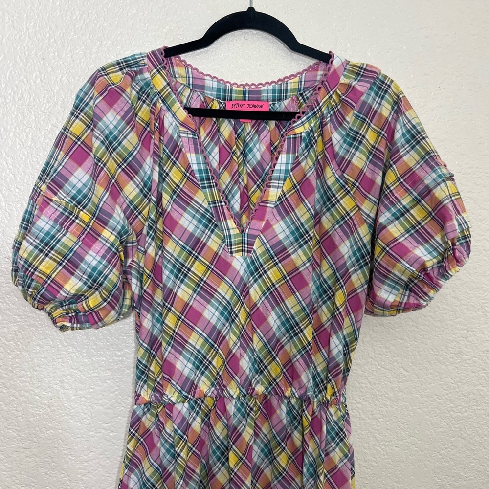 Betsey Johnson Pink Plaid Midi Dress Puff Sleeve Size M - Picture 7 of 15